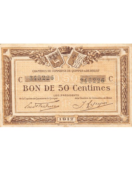 CHAMBRE DE COMMERCE, QUIMPER ET BREST - 50 CENTIMES 1915