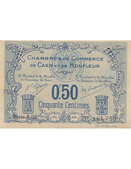 CHAMBRE DE COMMERCE, CAEN ET HONFLEUR - 50 CENTIMES 1920