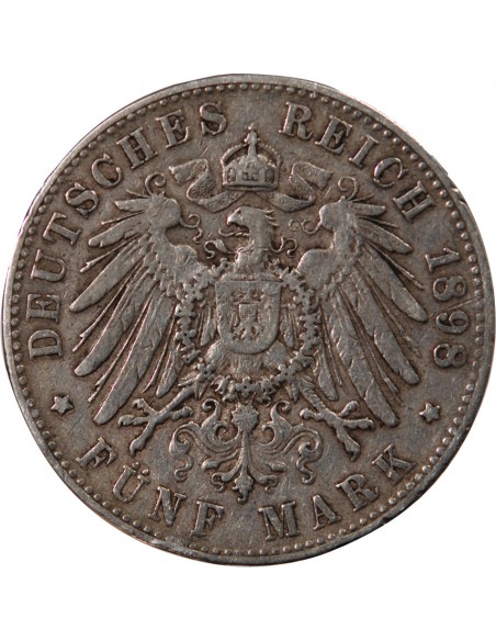 ALLEMAGNE, HAMBOURG - 5 MARK ARGENT 1898 J HAMBOURG