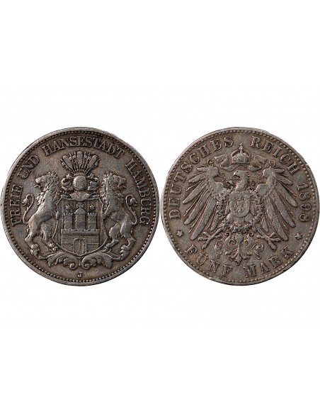ALLEMAGNE, HAMBOURG - 5 MARK ARGENT 1898 J HAMBOURG