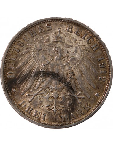 ALLEMAGNE, WURTEMBERG, WILHELM II - 3 MARK ARGENT 1912 F STUTTGART