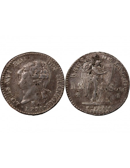 LOUIS XVI, CONSTITUTION - 15 SOLS  ARGENT 1791 I LIMOGES