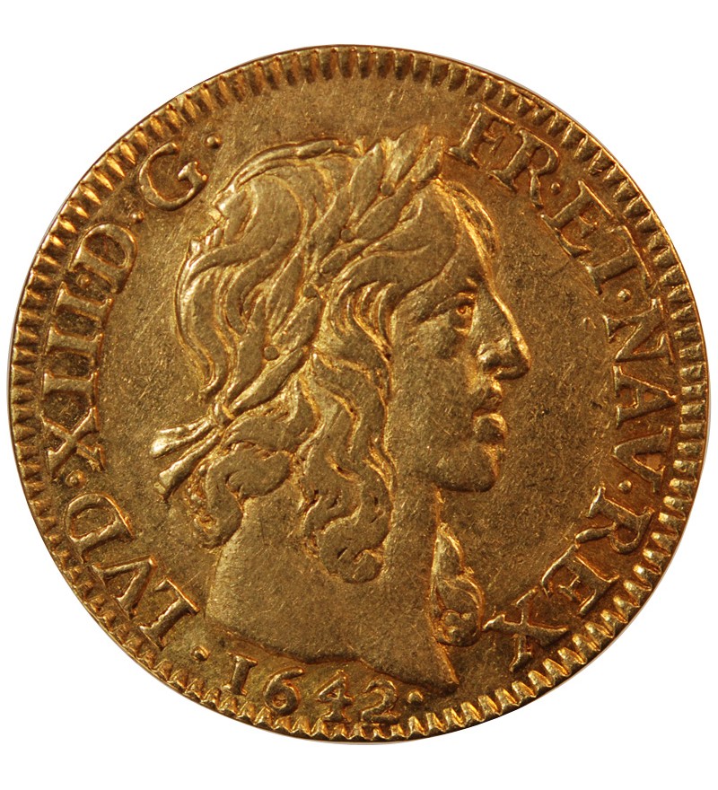 LOUIS XIII - LOUIS D'OR A LA MECHE MI-LONGUE 1642 A PARIS R2 "variété VINC étoile"
