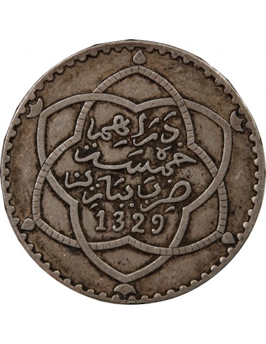 MAROC, ABDELHAFID - 5 DIRHAMS ARGENT 1329 (1911)