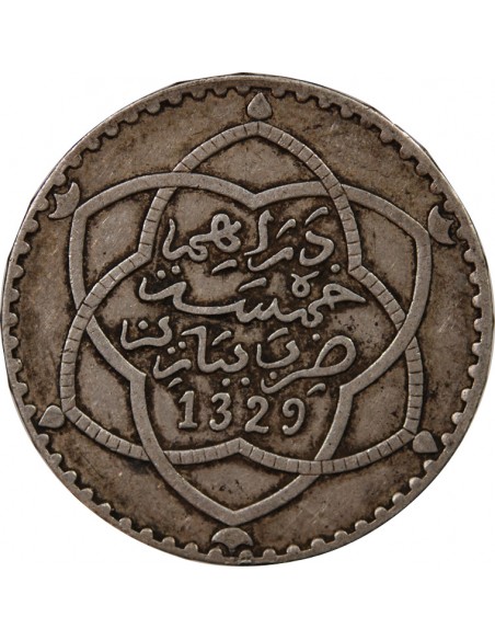 MAROC, ABDELHAFID - 5 DIRHAMS ARGENT 1329 (1911)
