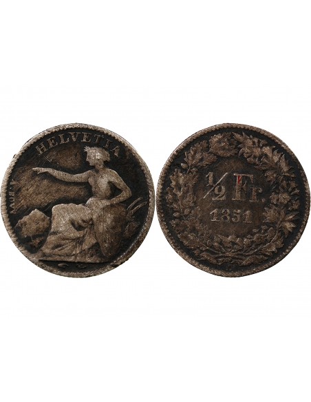 SUISSE, HELVETIA ASSISE - 1/2 FRANC ARGENT 1851 A PARIS