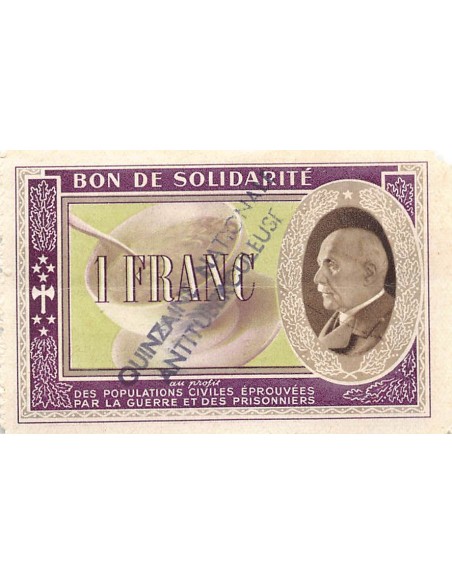 ETAT FRANCAIS, MARECHAL PETAIN - BON DE SOLIDARITE 1 FRANC 1941 / 1942 - TTB+