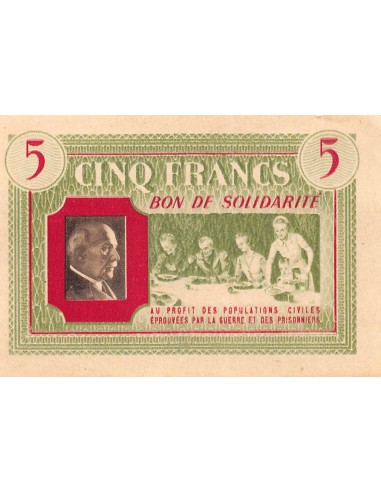 ETAT FRANCAIS, MARECHAL PETAIN - BON DE SOLIDARITE 5 FRANCS 1941 / 1944 - PSUP