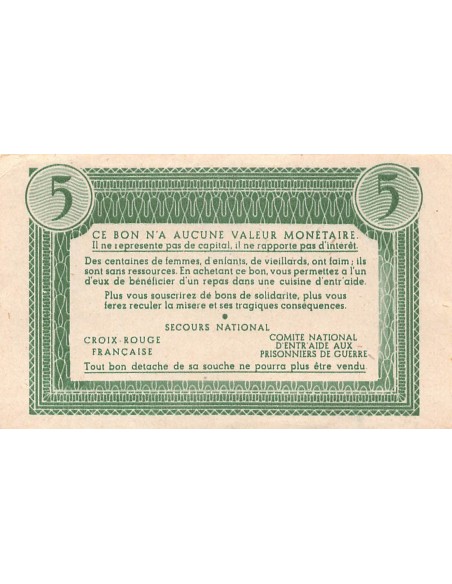 ETAT FRANCAIS, MARECHAL PETAIN - BON DE SOLIDARITE 5 FRANCS 1941 / 1944 - SUP