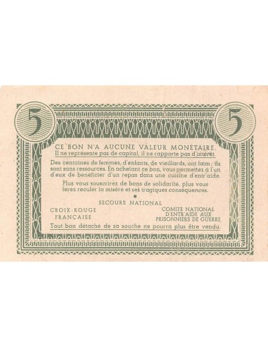 ETAT FRANCAIS, MARECHAL PETAIN - BON DE SOLIDARITE 5 FRANCS 1941 / 1944 - SUP