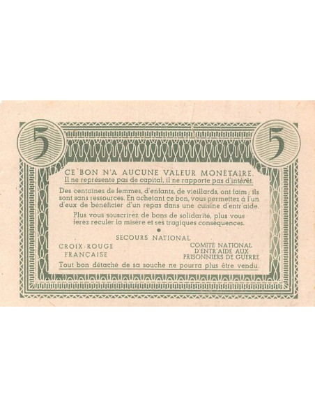 ETAT FRANCAIS, MARECHAL PETAIN - BON DE SOLIDARITE 5 FRANCS 1941 / 1944 - SUP