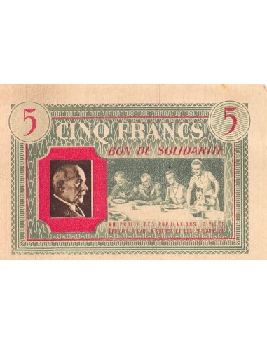 ETAT FRANCAIS, MARECHAL PETAIN - BON DE SOLIDARITE 5 FRANCS 1941 / 1944 - SUP