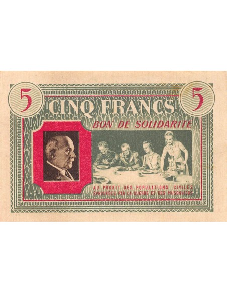 ETAT FRANCAIS, MARECHAL PETAIN - BON DE SOLIDARITE 5 FRANCS 1941 / 1944 - SUP+