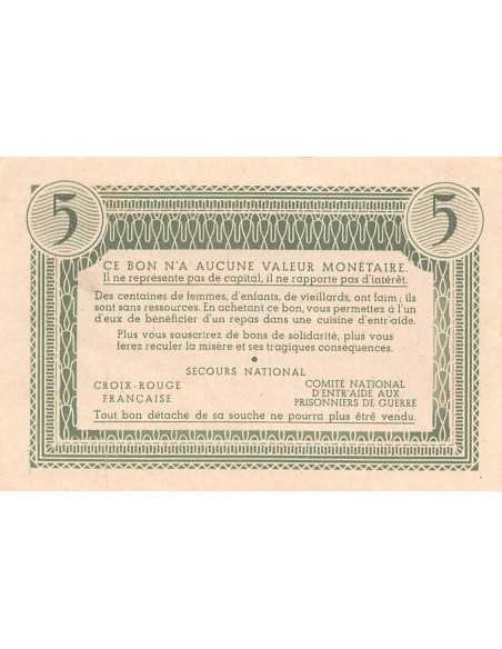 ETAT FRANCAIS, MARECHAL PETAIN - BON DE SOLIDARITE 5 FRANCS 1941 / 1944 - SUP+