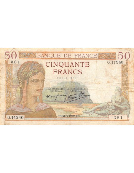 FRANCE, CÉRÈS - 50 FRANCS 28/09/1939 - TB+