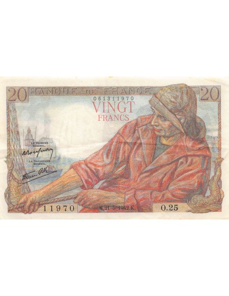 FRANCE, PÊCHEUR - 20 FRANCS 21/05/1942 - SÉRIE O.25 - TTB