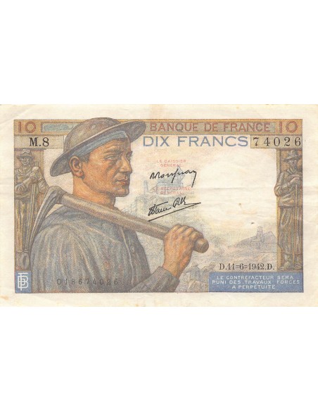 FRANCE, MINEUR - 10 FRANCS 11/06/1942 - SÉRIE M.8 - TTB