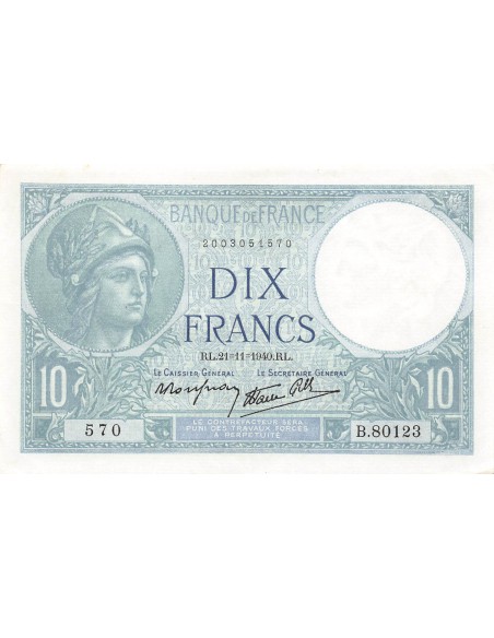 FRANCE - 10 FRANCS MINERVE 21/11/1940 - SUP