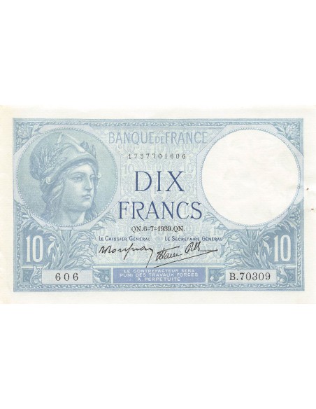 FRANCE - 10 FRANCS MINERVE 06/07/1939 - TTB+