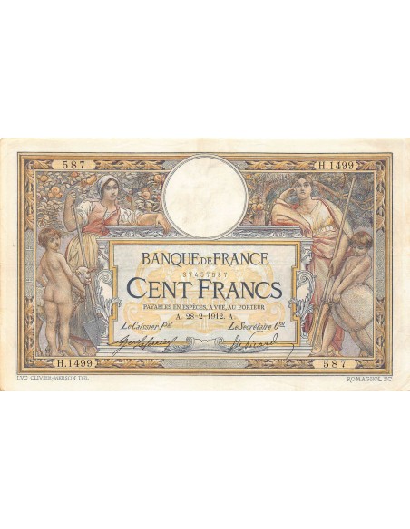 FRANCE, LUC-OLIVIER MERSON - 100 FRANCS 28/09/1912 - TTB+
