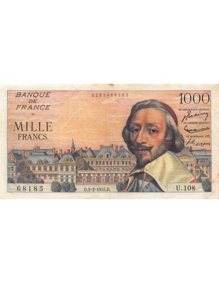 FRANCE, RICHELIEU - 1000 FRANCS 03/02/1955 - SÉRIE U.108 - PTTB