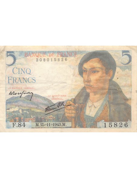 FRANCE - 5 FRANCS BERGER 25/11/1943 - SÉRIE F.84 - TB+