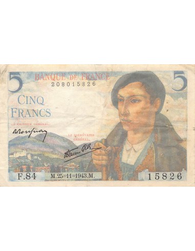 FRANCE - 5 FRANCS BERGER 25/11/1943 - SÉRIE F.84 - TB+