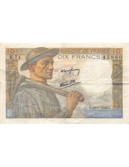 FRANCE, MINEUR - 10 FRANCS 13/01/1944 - SÉRIE K.71 - TB+