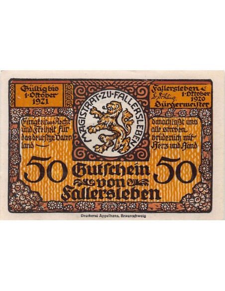 ALLEMAGNE, FALLERSLEBEN - 50 PFENNIG 1921