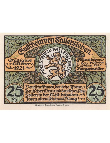 ALLEMAGNE, FALLERSLEBEN - 25 PFENNIG 1921