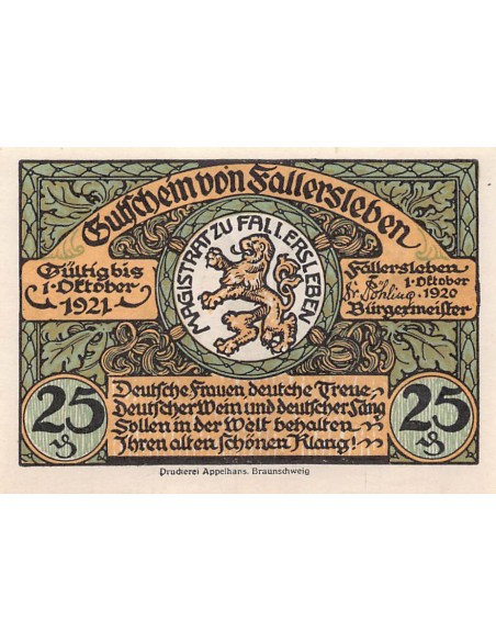 ALLEMAGNE, FALLERSLEBEN - 25 PFENNIG 1921