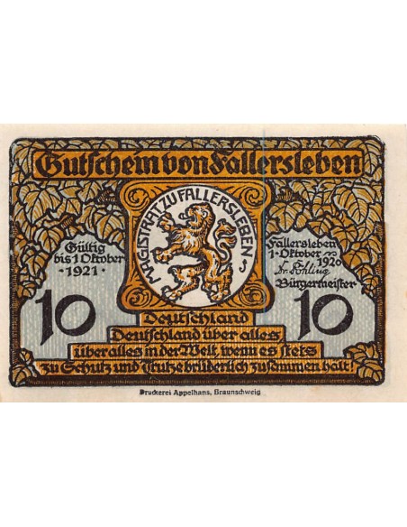 ALLEMAGNE, FALLERSLEBEN - 10 PFENNIG 1921