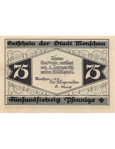 ALLEMAGNE, MONSCHAU - 75 PFENNIG 1921
