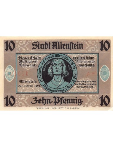ALLEMAGNE, ALLENSTEIN - 10 PFENNIG 1921