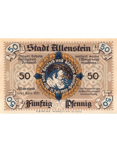ALLEMAGNE, ALLENSTEIN - 50 PFENNIG 1921