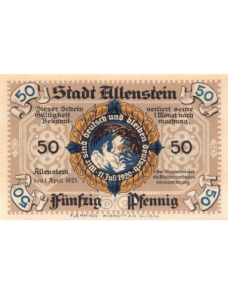 ALLEMAGNE, ALLENSTEIN - 50 PFENNIG 1921