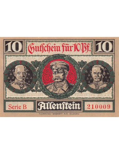 ALLEMAGNE, ALLENSTEIN - 10 PFENNIG 1921
