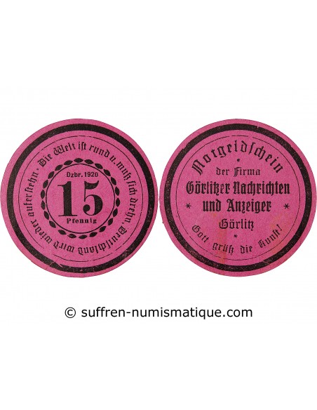 ALLEMAGNE, GÖRLITZ - 15 PFENNIG 1920