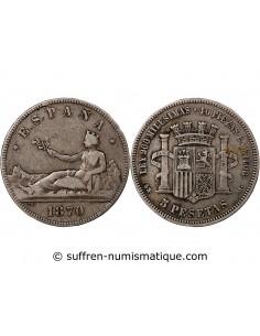 ESPAGNE, GOUVERNEMENT PROVISOIRE - 5 PESETAS ARGENT 1870 SNM