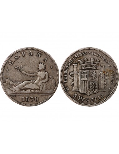 ESPAGNE, GOUVERNEMENT PROVISOIRE - 5 PESETAS ARGENT 1870 SNM