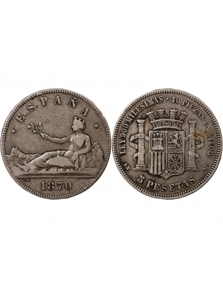 ESPAGNE, GOUVERNEMENT PROVISOIRE - 5 PESETAS ARGENT 1870 SNM