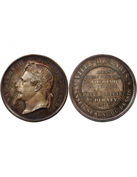 ENSEIGNEMENT DU DESSIN, NAPOLEON III - MEDAILLE ARGENT 1868