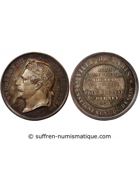 ENSEIGNEMENT DU DESSIN, NAPOLEON III - MEDAILLE ARGENT 1868