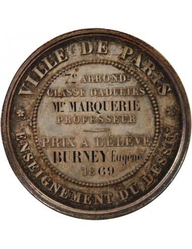 ENSEIGNEMENT DU DESSIN, NAPOLEON III - MEDAILLE ARGENT 1869