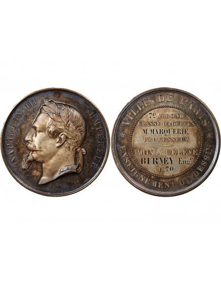 ENSEIGNEMENT DU DESSIN, NAPOLEON III - MEDAILLE ARGENT 1870