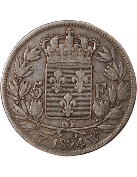 LOUIS XVIII - 5 FRANCS ARGENT 1824 W LILLE