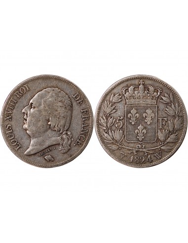 LOUIS XVIII - 5 FRANCS ARGENT 1824 W LILLE