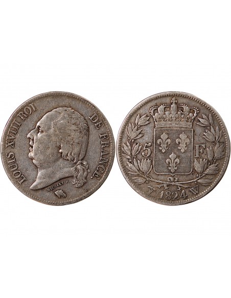 LOUIS XVIII - 5 FRANCS ARGENT 1824 W LILLE