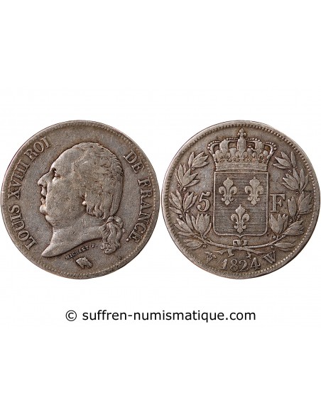 LOUIS XVIII - 5 FRANCS ARGENT 1824 W LILLE