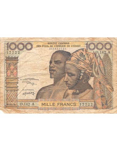 BANQUE DES ETATS DE L'AFRIQUE DE L'OUEST, CÔTE D'IVOIRE - 1000 FRANCS 1956 / 1965 - B+